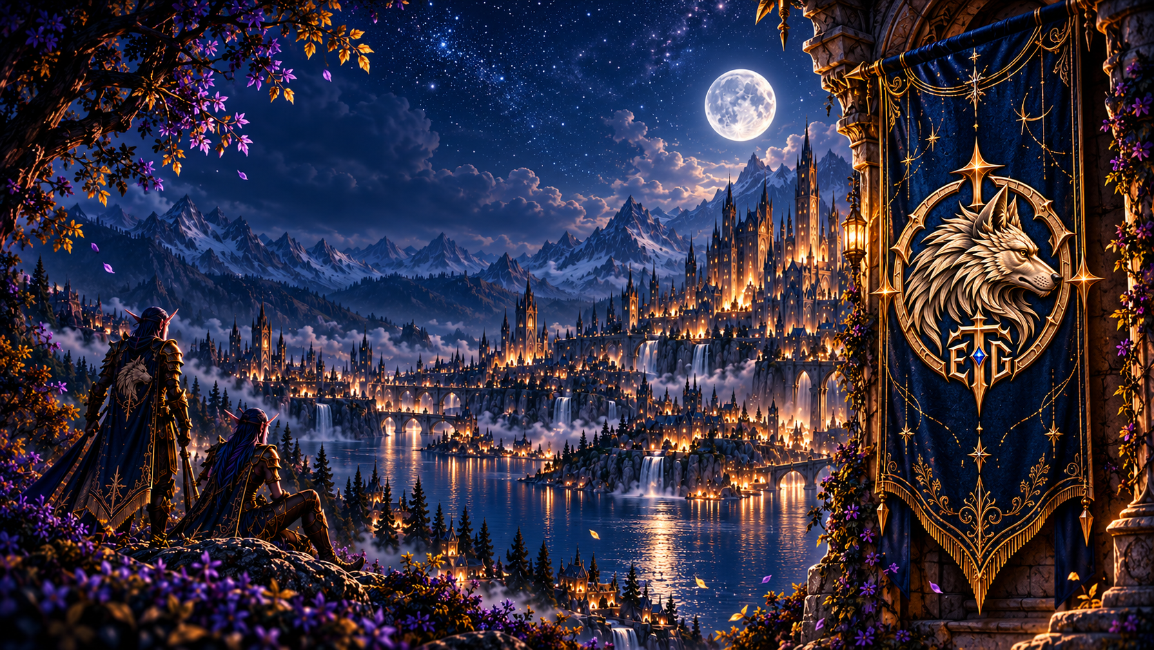 An embroidered wolf banner overlooking a moonlit city and lake