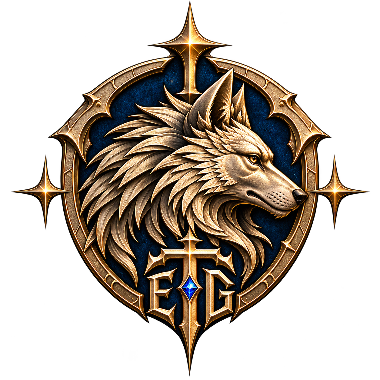 The Elder Gods ivory wolf crest with antique gold frame and sapphire crystal