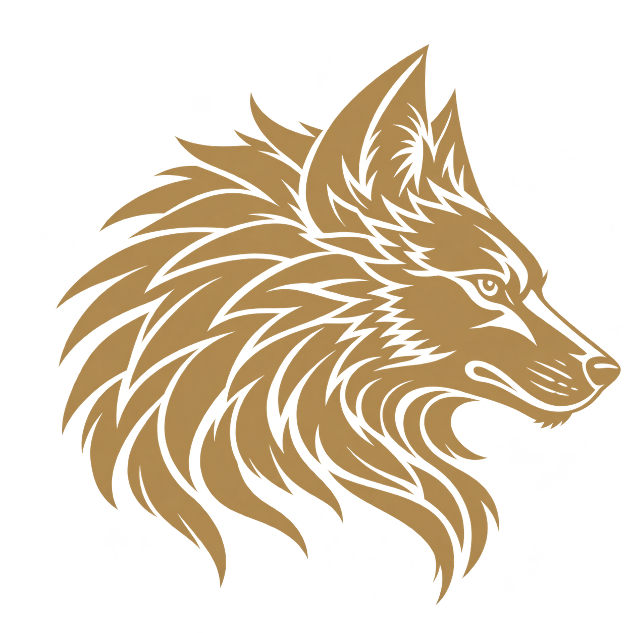 Simplified antique gold right-facing wolf head